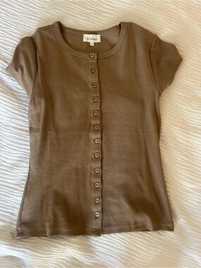 bohme Brown Button-Front Short Sleeve Knit Top